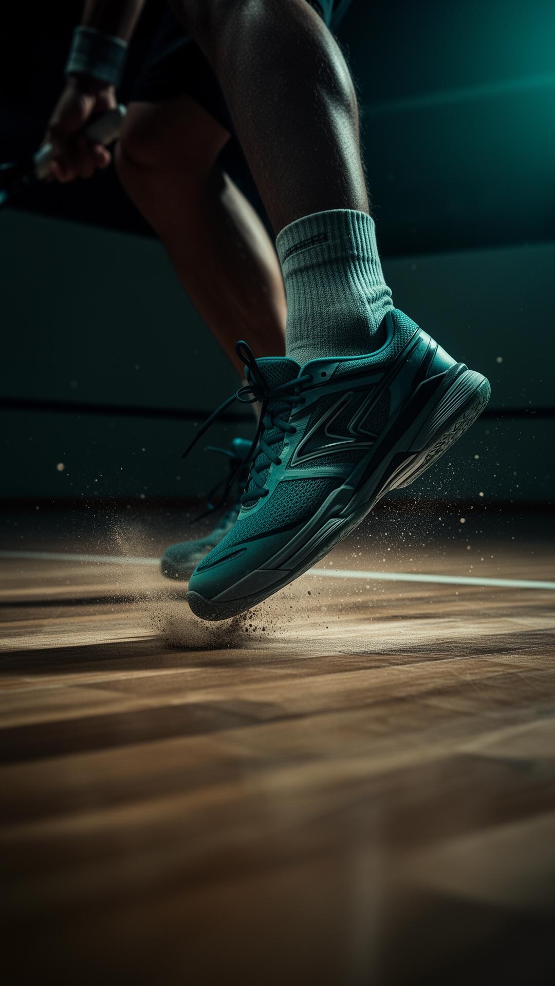 Close-up of squash player's footwork mid-pivot